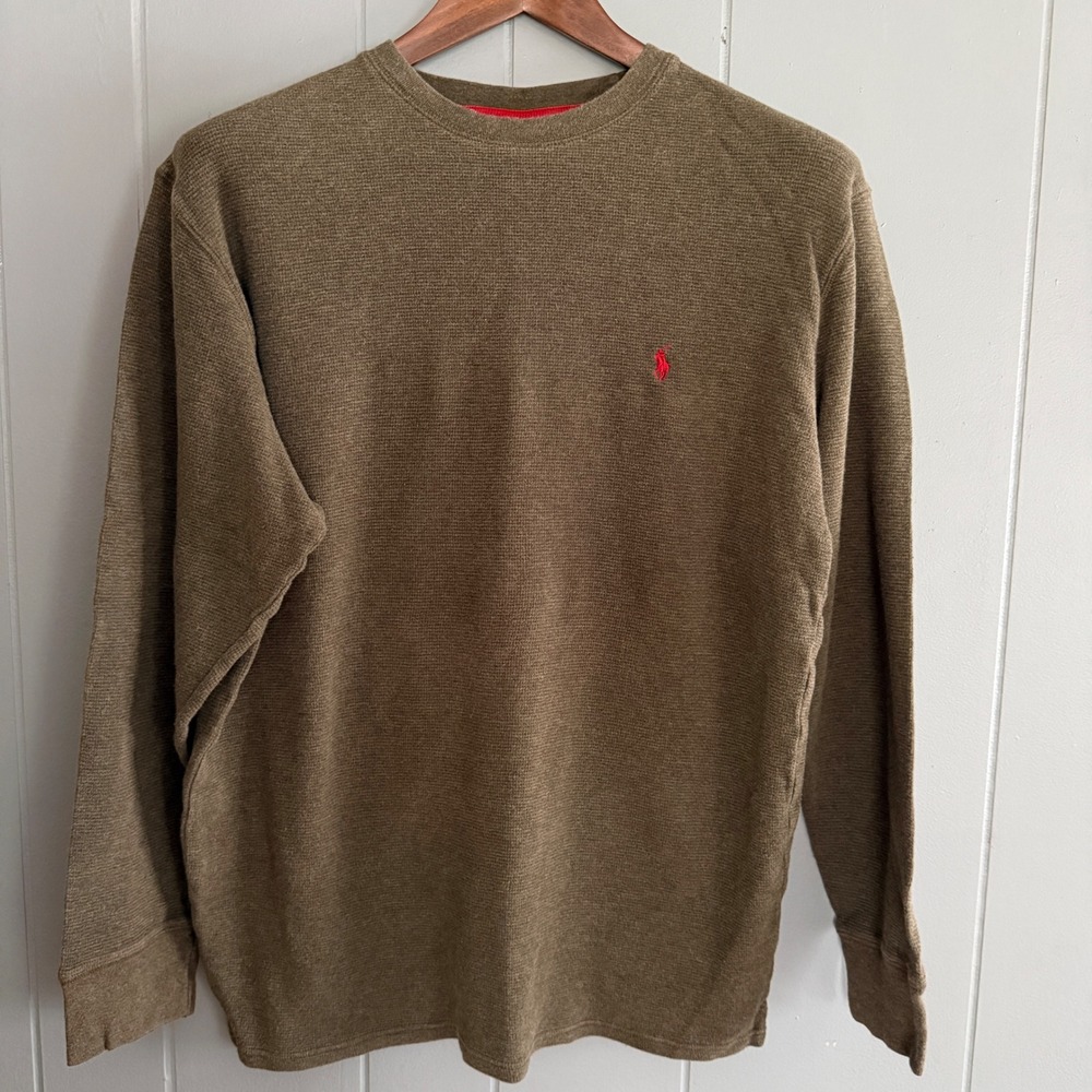 Polo Ralph Lauren Mens XL Olive Green Waffle Knit Thermal Long Sleeve Shirt Y2K
